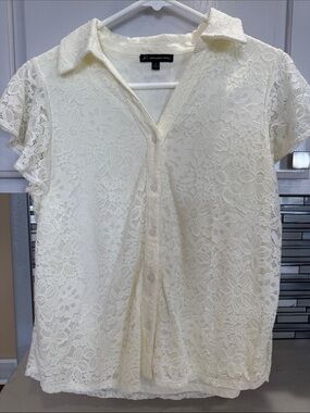 Adrianna Papell Cream Floral Lace Button-Front Blouse